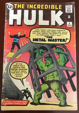 The Incredible Hulk 6.  1962.  Silver Age Marvel.  Stan Lee.  Jack Kirby.  Gd - 1.  8