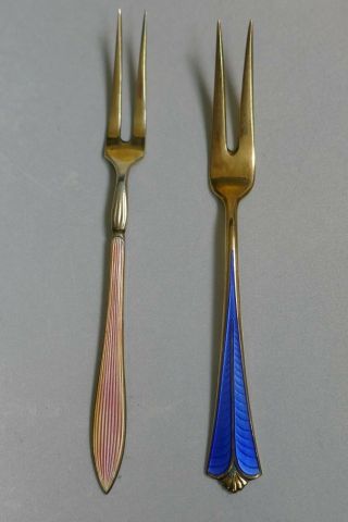 Vintage Norwegian David Andersen Gold Washed Sterling & Enameled Cocktail Forks