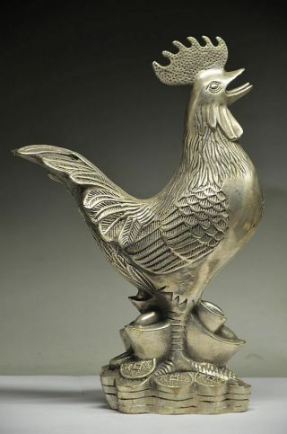 Delicate Chinese Silver Copper Handwork Carved Rooster & Coin Statue