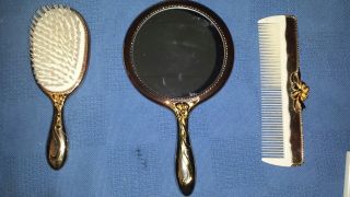 Antique Rare Silver Plated W/gold Wash Handheld Vanity Mirror,  Brush,  Comb Set