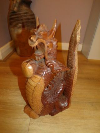 Stunning Hand Carved Solid Wood Large Dragon Figure - Very Rare