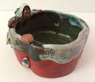 Antique Japanese Sumida Gawa Pond Bowl,  Woman In Kimona,  Signed