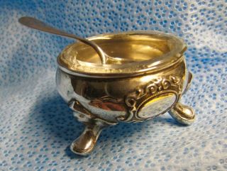 Vintage Footed 800 Silver Open Salt With Glass Inset And Spoon Hallmarked