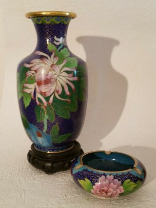 Vintage Cobalt Blue Chinese Cloisonne Vase 8 " With Wooden Stand & Ashtray