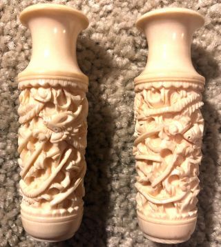 (2) Chinese Ivory Dragon Carving Vases Circa 1930 10cm