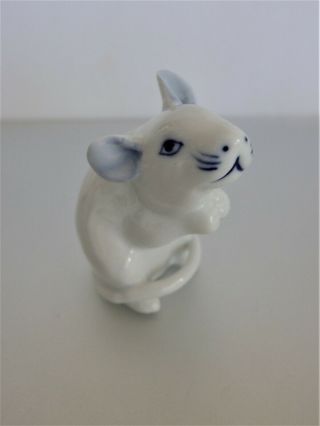 Vintage Porcelain Blue And White Mouse Figurine