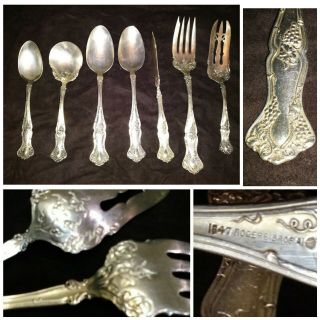 Rogers Bros 1847 Grape Vintage Silver Plate Serving Meat Fork Spoon Knife Lotus