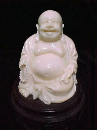 Vintage Hand - Carved Chinese / Japanese Resin Sculpture Buddha On Wooden Plynth
