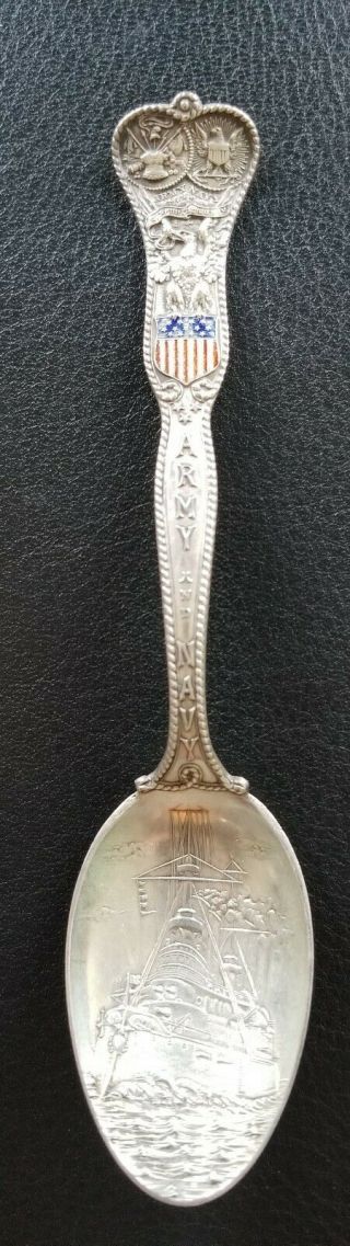 Sterling Silver Souvenir Spoon Army And Navy With Enamel Shield