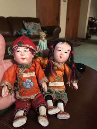 Vintage 1930’s Chinese Composite Boy And Girl Handmade Doll Embroidered Silk