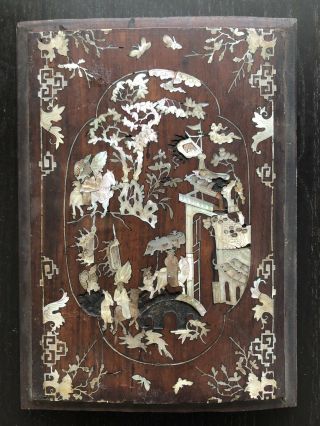 Antique Chinese Huali Inlaid Mother Of Pearl Plaque Art Scholars Figures Horses