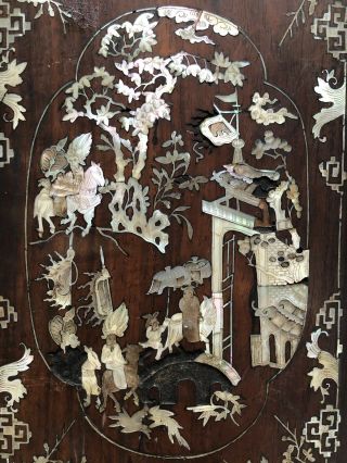 Antique Chinese Huali Inlaid Mother of Pearl Plaque Art Scholars Figures Horses 2