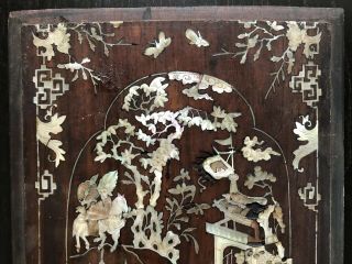 Antique Chinese Huali Inlaid Mother of Pearl Plaque Art Scholars Figures Horses 3