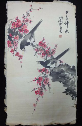 Large Old Chinese Hand Painting Flowers And Birds " Guanshanyue " Mark