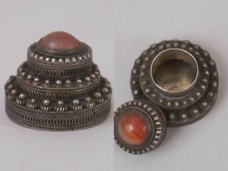 Vintage Sterling Silver Pill Box Snuff Box Ornate Amber Stone Marked Israel 925