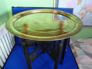 Vintage Indian Moroccan Engraved Brass Tray Table,  Carved Folding Wooden Stand