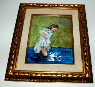 Japanese Cloisonne Large Picture Of Young Girl Wearing Mothers Shoes,  13 1/2 "