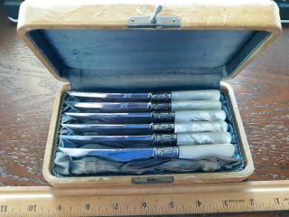6 Antique Landers Frary Clark Sterling Silver Mother Of Pearl Fruit Knives Iob