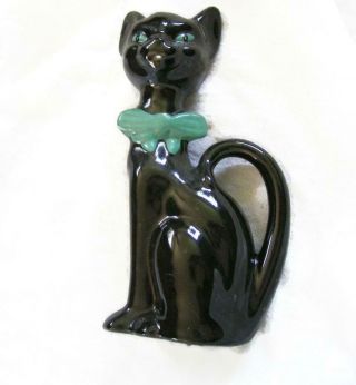 Vintage Sleek Black Cat Figurine - Retro Kitty - 6 - 1/2 Inch Tall Teal Eyes N Bow