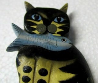 Black Blue Yellow Kitty Cat With Fish Pin Vtg Looks Like Wood? Folk Art Design