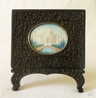 Antique Indian Painted Miniature Of The Taj Mahal In Carved Ebony Frame