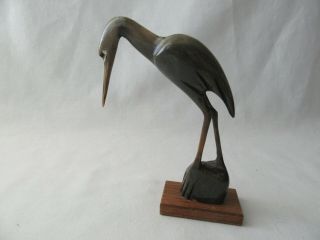 Bird Heron Egret Carved Buffalo Horn On Rosewood Base - Made In India - Unique
