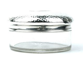 Antique Sterling Silver & Glass Dressing Table Vanity Jar Pot Hammered Lid 1904