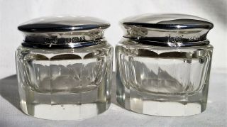 2 Silver Topped Glass Dressing Table Jars,  3.  2 Cm High,  3 Cm Diameter.