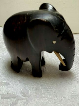 Vintage Ebony Wood Elephant Hand Carved Trunk Down Bone Tusks