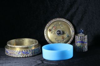 2 Antique Early 20thc Chinese Brass Boxes Peking Glass Insert,  Stones & Enamel