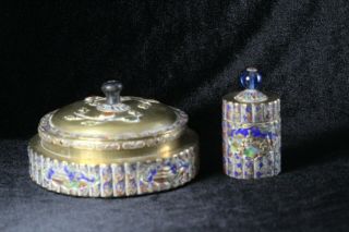 2 Antique Early 20thC Chinese Brass Boxes Peking Glass Insert,  Stones & Enamel 2
