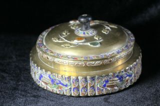 2 Antique Early 20thC Chinese Brass Boxes Peking Glass Insert,  Stones & Enamel 3