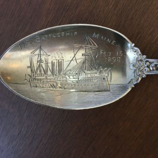 Hand Engraved Sterling Silver Souvenir Spoon Uss Battleship Maine
