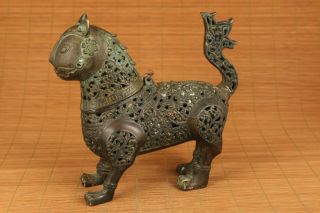 Antique Bronze Hand Cast Cat Statue Incense Burner Buddha Hollow Out Table Art