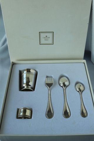 Set Christofle Perles Silver - Plate Timbal Cup Fork Spoons Knife Baby Child Box