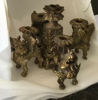 Aisian 4 Foo Dog Dragons Brass Candle Holder Candlelabra