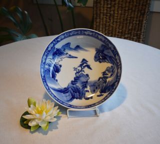 Vintage Japanese Arita Imari Bowl,  Blue & White,  Landscape,  10 " Diameter