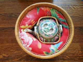 Vintage Chinese Hand Painted Porcelain Teapot In Fitted Wicker Basket - Signed