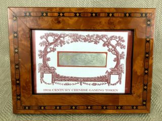 Antique Chinese Mother Of Pearl Gambling Engraved Token Chip Frame Display Case