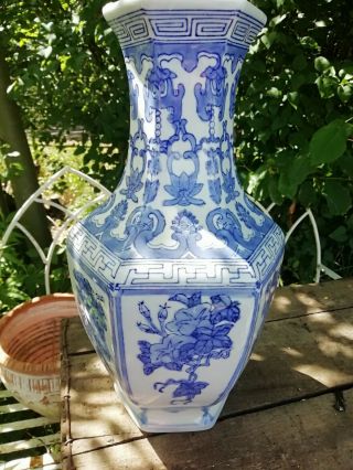 Vintage Blue White Chinese Porcelain Large Hexagonal Paneled Vase 36cm High