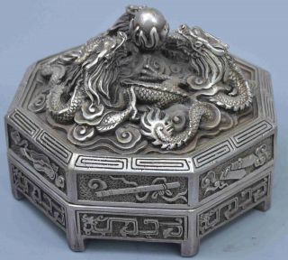 Collectable China Old Miao Silver Carve Exorcism Dragon Play Bead Rare Large Box