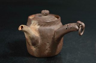 T726: Japanese Banko - Ware Brown Pottery Seal Sculpture Teapot Kyusu Sencha