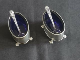 Pair Edwardian Sterling Silver Oval Open Salts With Paw Feet And Blue Liners