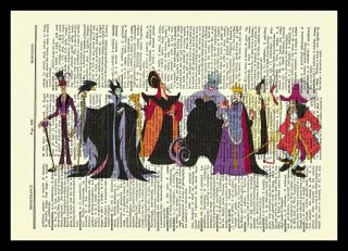 Disney Villains Dictionary Art Print Poster Ursula Hook Maleficent Cruella Jafar