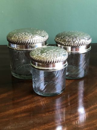 Antique Set Of Three Etched Glass Silver Plate Jars Monogram Lids Heavy Quality