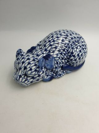 Chinese Oriental Porcelain Large Blue White Sleeping Cat Figurine Hand Painted