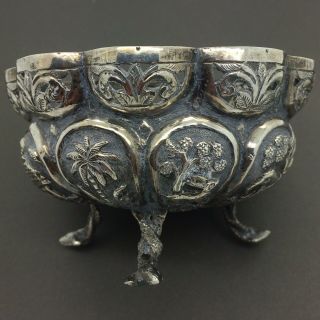 Lovely Lucknow Solid Silver Indian Bowl C1900 - Jungle Scenes - 98.  3g