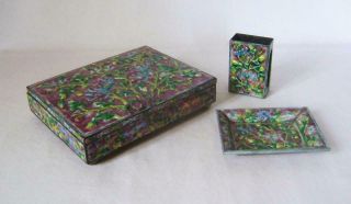 Vintage Chinese Canton Enamel On Silver Plate Cigarette Box,  Tray & Match Cover