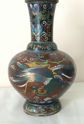 Antique Chinese Cloisonne Vase With Phoenix And Bats