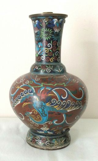 ANTIQUE CHINESE CLOISONNE VASE WITH PHOENIX AND BATS 2